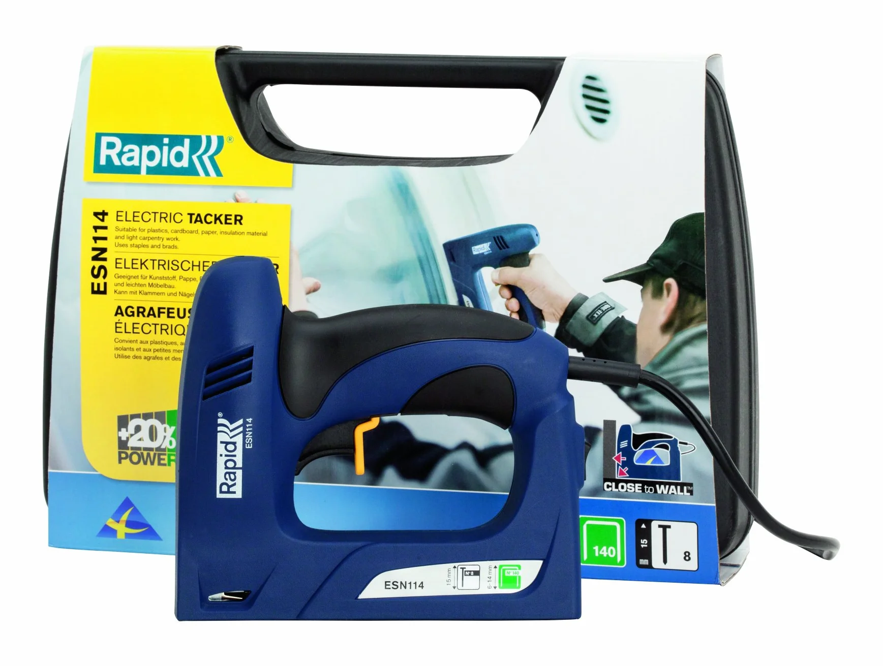 Rapid ESN114 Grapadora Eléctrica Inalámbrica para Madera Fina, Masonite, Cajas, Marcos Bricolaje y Manualidades para Grapas N.º 140 y Clavos N.º 8 (5000131)