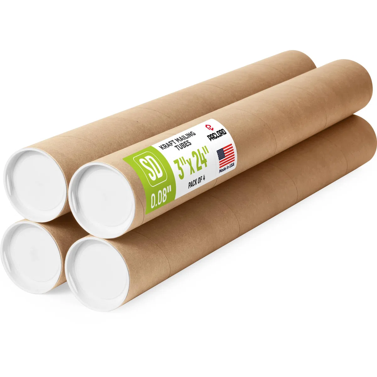 Tubos de correo de papel kraft reforzados de 3 x 24 pulgadas, paquete de 4 tubos con 2 tapas cada uno, tubo de póster aprobado por USPS, tubo de cartón fabricado en Estados Unidos para enviar y