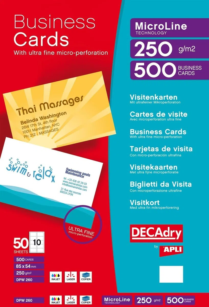 Pack de 50 hojas de 10 en blanco tarjetas de visita blanco 250 G/m²
