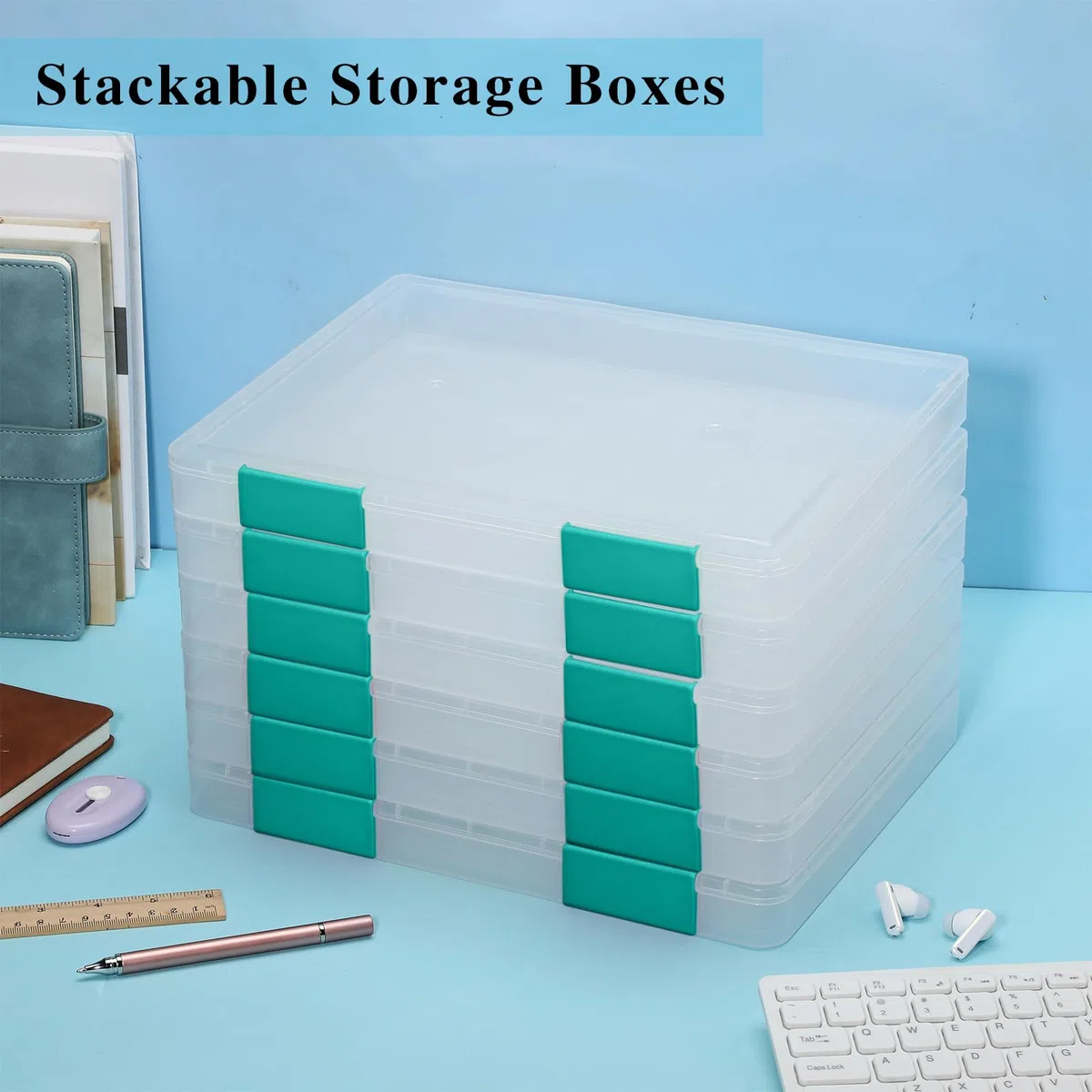 PerKoop 6 cajas de almacenamiento de plástico transparente A4 para documentos, cajas de plástico para juegos de mesa, contenedores de almacenamiento de revistas, protector de archivos con hebilla