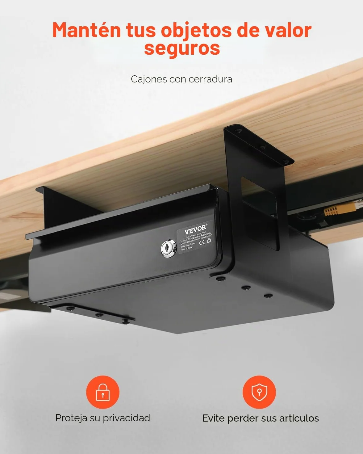VEVOR Cajón Deslizable Debajo del Escritorio con Cerradura, Organizador de Almacenamiento Oculto, 365 x 335 x 185 mm