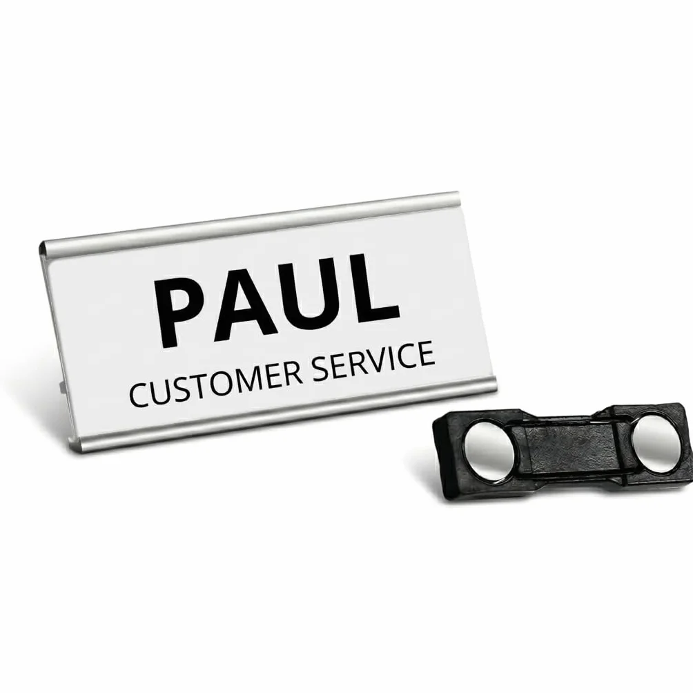 Set de 20 Identificadores Magnéticos personalizables 3 en 1 (72x32mm). Ideal para trabajo. Identificador de Trabajo con Nombre Personalizable Magnético. Plateado