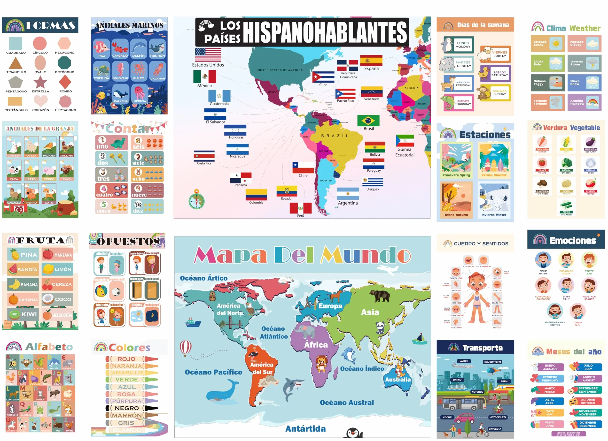 Clase de Español para Niños Poster, 18 Pósteres Bohemios Decoraciones Bilingües para Estudiantes de Primaria, Tablas de Aprendizaje Resistentes al Agua