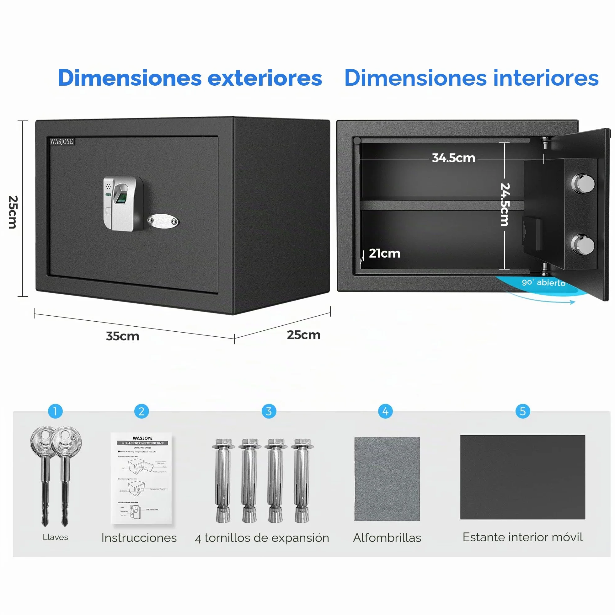 Caja Fuerte Biométrica 25L WASJOYE con Huellas Dactilares y Llaves para Hogar