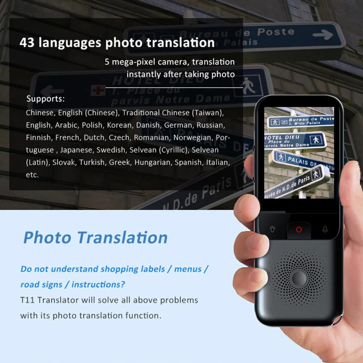 docooler Dispositivo de traducción de voz Portátil T11 Intérprete de voz con 134 idiomas Traducción de voz 10 Traducción sin conexión Grabación Traducción de Fotos para Uso Estudio de Viajes de