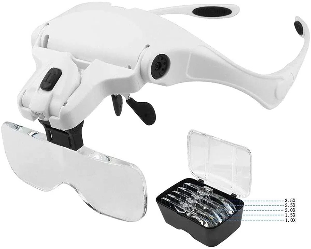 Lupa de Diadema, Gafas de Aumento con luz para la Cabeza, Lupa de Diadema con 5 Lentes de 1.0X a 3.5X con Soporte Ajustable y 2 Luces, Herramienta de Aumento para Lectura de Joyas.