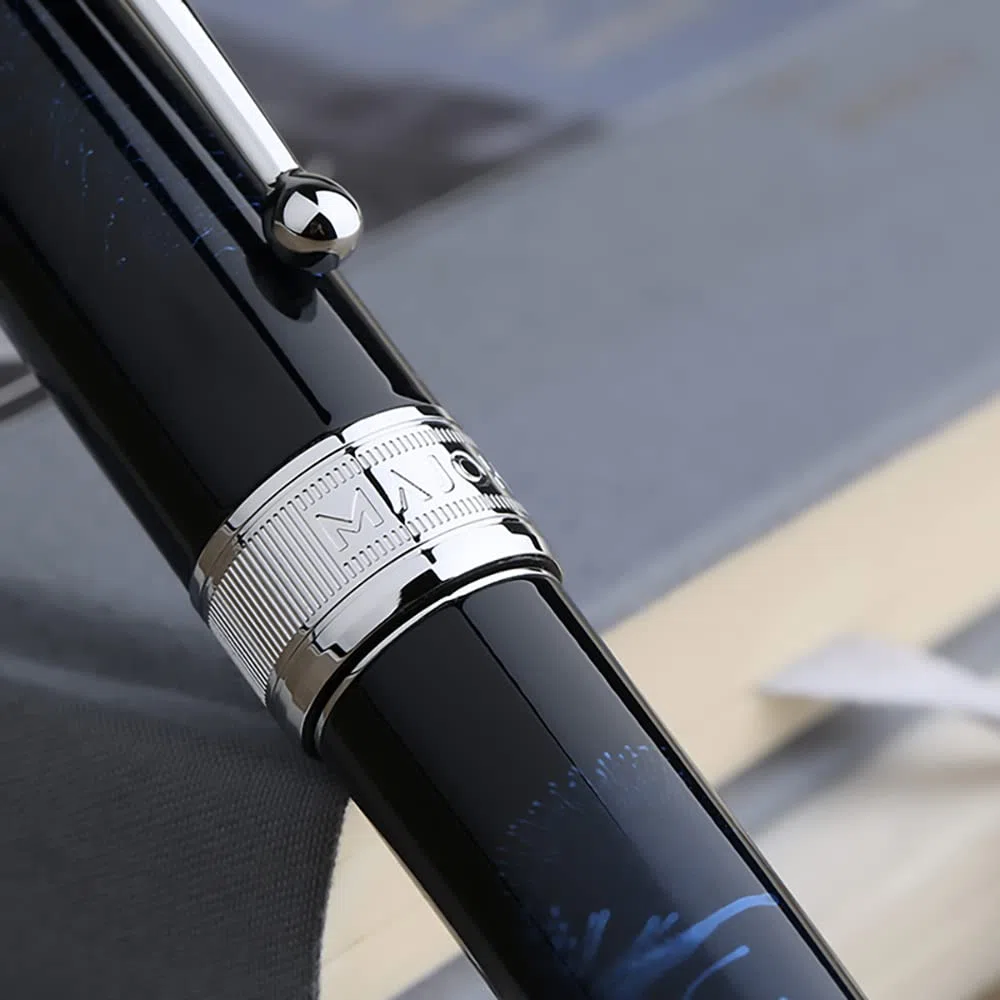 erofa Majohn T5 Piston Pluma estilográfica azul fuegos artificiales punta mediana, gran capacidad de tinta juego con caja