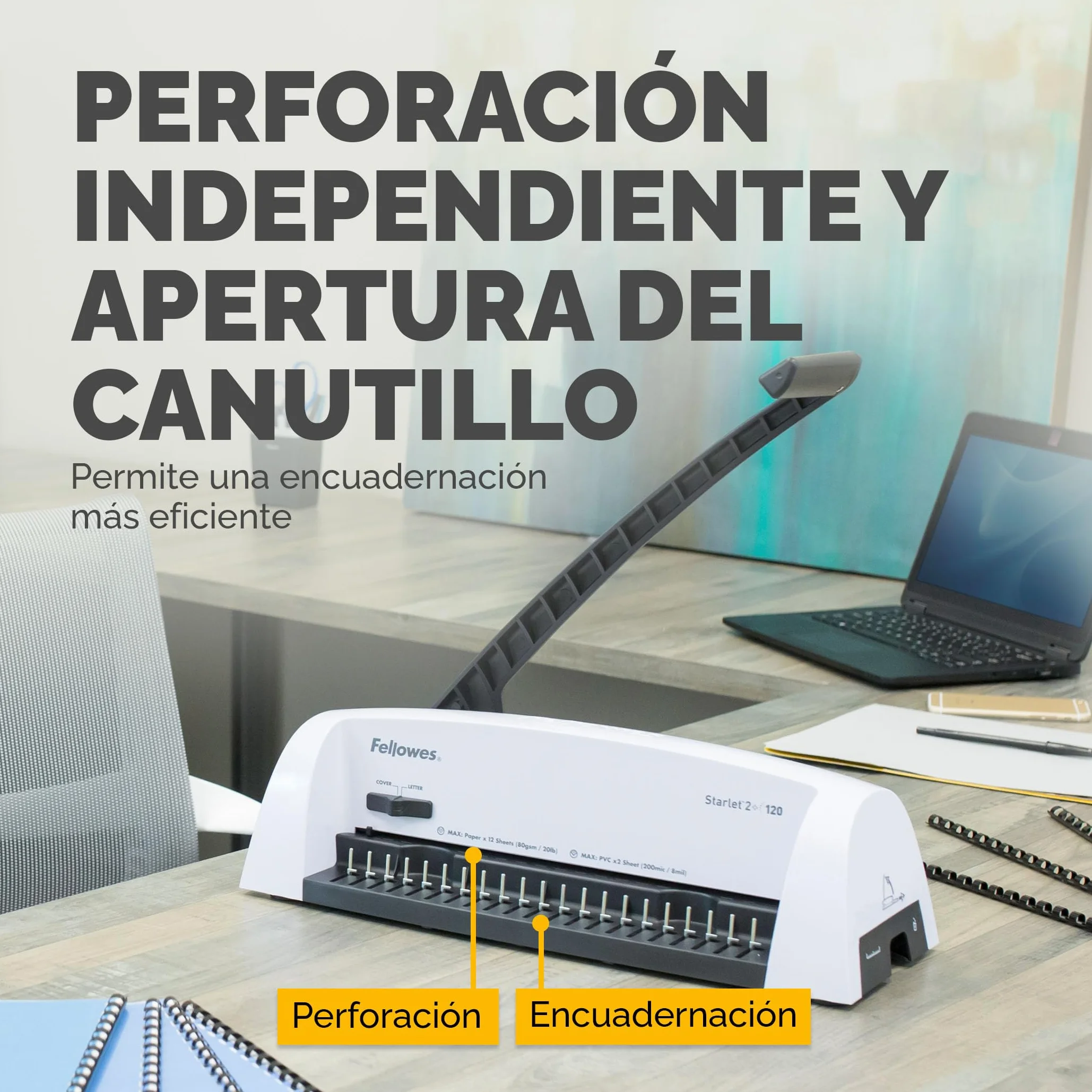Fellowes Star+ Rilegatrice a dorsi plastici, Capacità di perforazione di 12 fogli per documenti A4, Rilegatrice manuale a pettine, Capacità di rilegatura di 120 fogli, Ideale per l'ufficio domestico