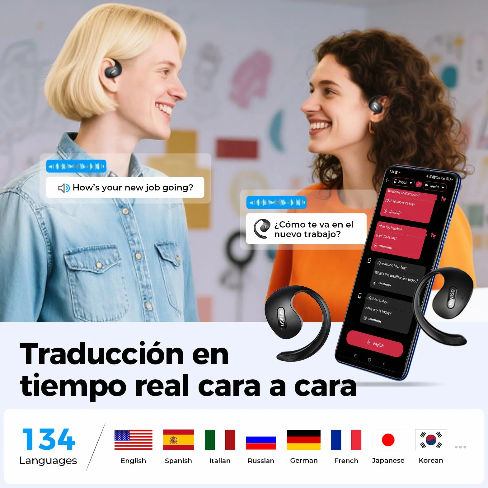 MINISO X15PRO AI Auriculares Traductores, Traductor Instantaneo de Voz 3 en 1 en Tiempo Real en 134 Idiomas con App, Compatible con iOS y Android, Negro