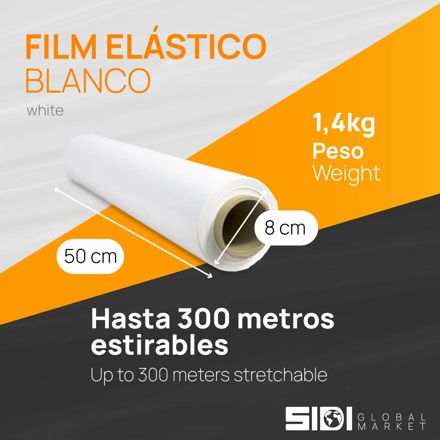 Film Blanco para Embalar, Film, Papel Film, Rollo de Plastico Protector Muebles, Cajas Mudanza, Plastico Cubretodo 50cm x 300m estirables - SIDI (6 unds, Blanco)