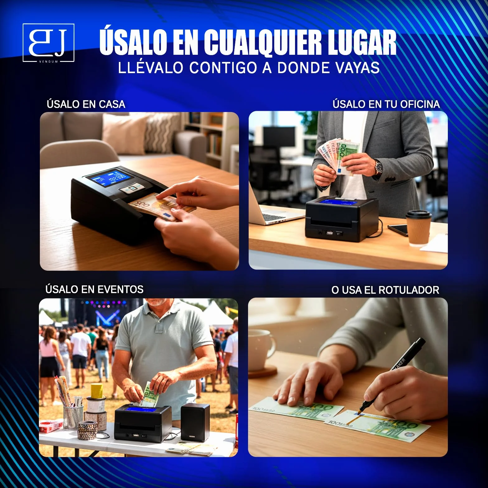 B&J SecureTech® - PACK De Detector De Billetes Falsos 2026 PORTÁTIL + Rotulador Billetes Falsos | 100% DETECCIÓN Y FIABILIDAD Para 3 Divisas EUR, GBP, USD