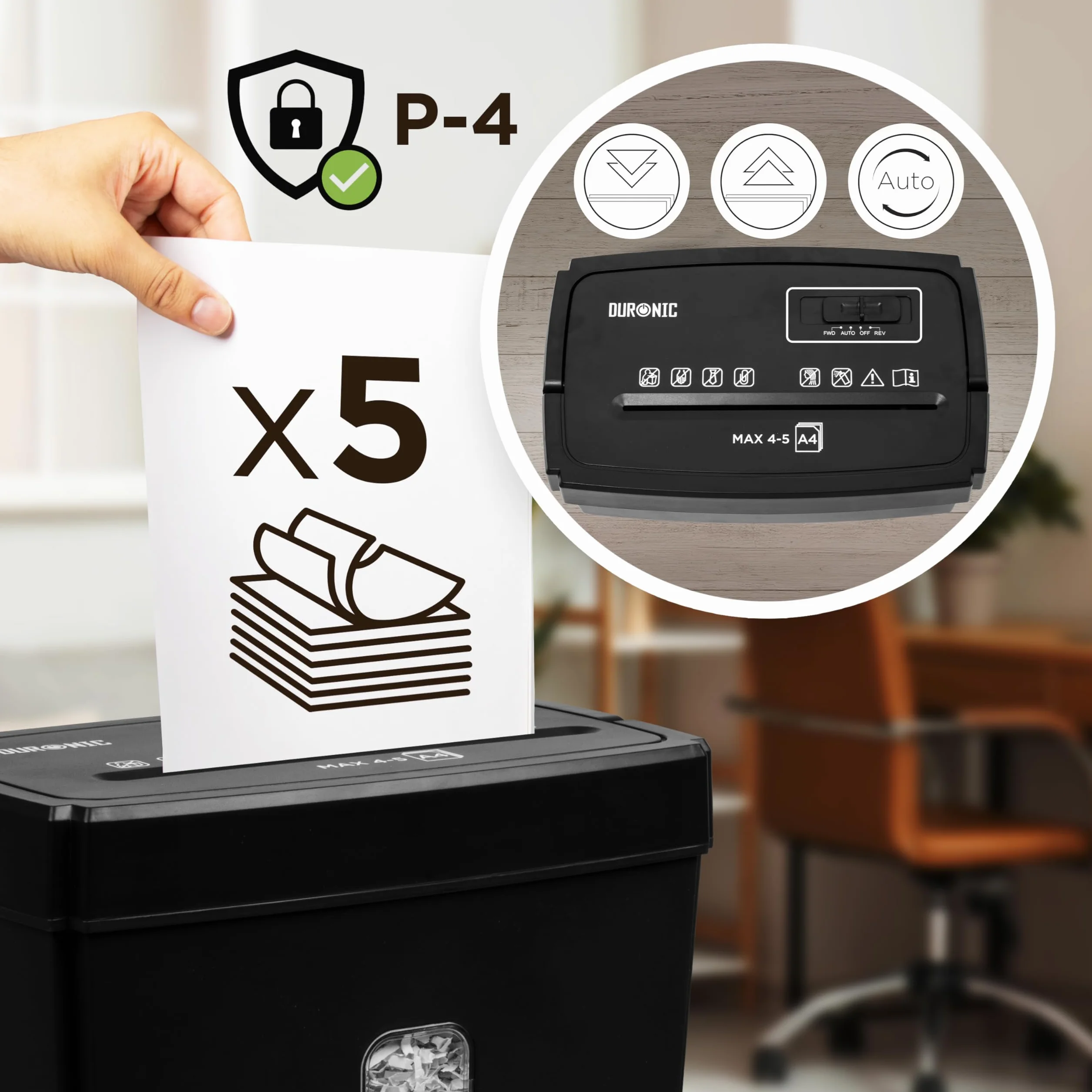 Duronic PS657 Destructora de Documentos | 5 x A4 Capacidad 15 L | Corte Transversal eléctrico 170 W | para el hogar y la Oficina | Destructora de Escritorio | Papelera extraíble