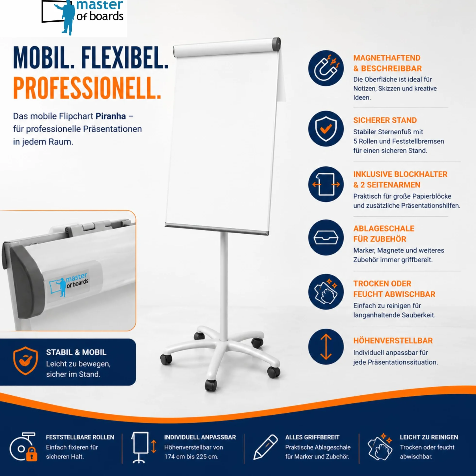 Master of Boards Profesional rotafolio con portarrollos Soporte | móvil y versátil | Papel desplegables | ajustable