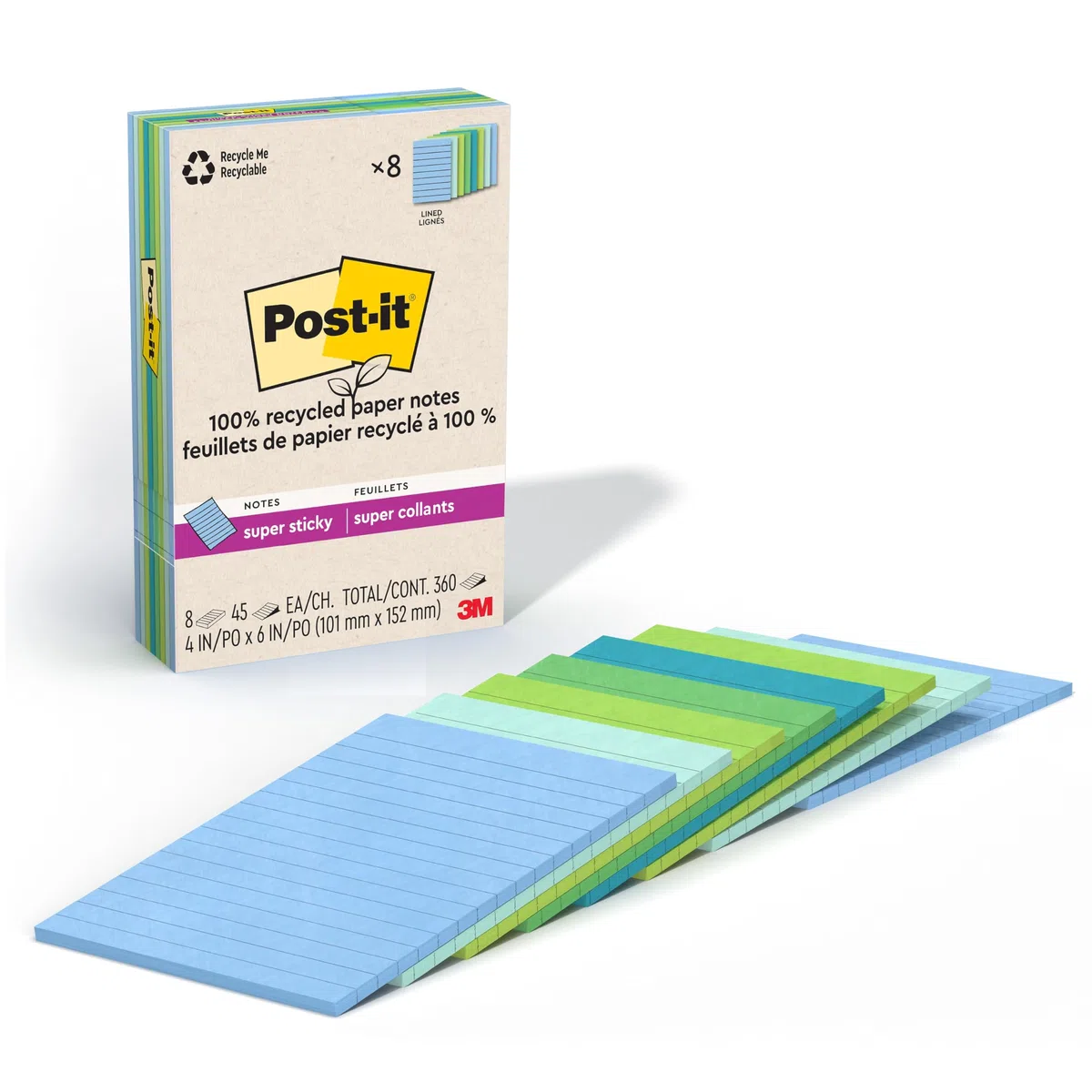 Post-it Notas superadhesivas de papel 100 % reciclado, forradas, 4 x 6 pulgadas, 8 blocs, 45 hojas por bloc, colección Oasis, suministros escolares y productos de oficina