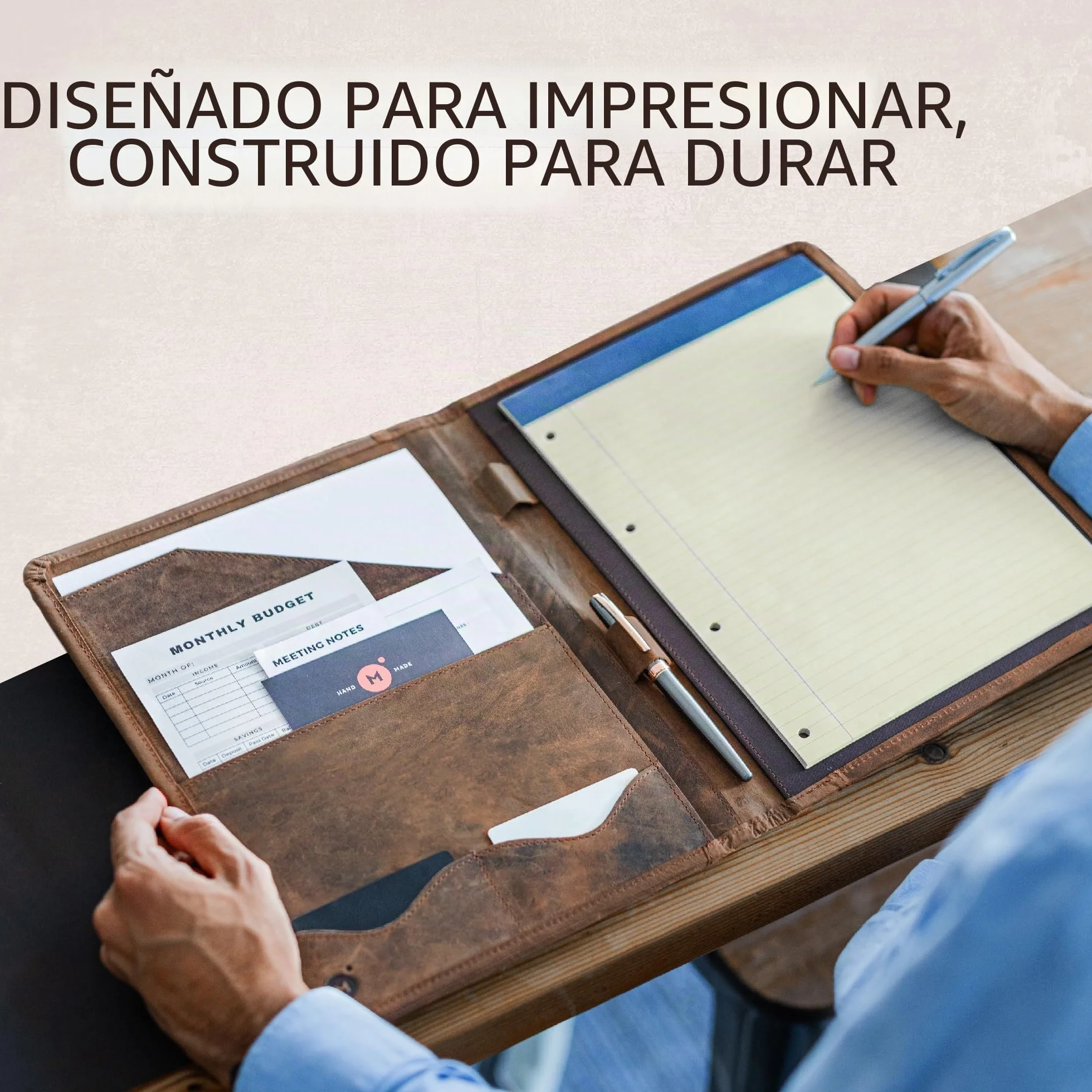 Moonster Portadocumentos de Cuero – Carpeta de Documentos A4 – Portafolio de Cuero con Lujoso Bolígrafo Bloc de Notas y Portatarjetas – Portadocumentos para Mujer y Hombre