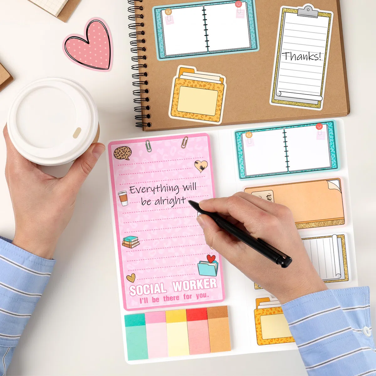 Xqumoi Juego de notas adhesivas para trabajadores sociales, 550 hojas de bloc de notas autoadhesivas con texto en inglés "Best Social Worker Ever" I'll Be There for You, pestañas divisoras, regalos de