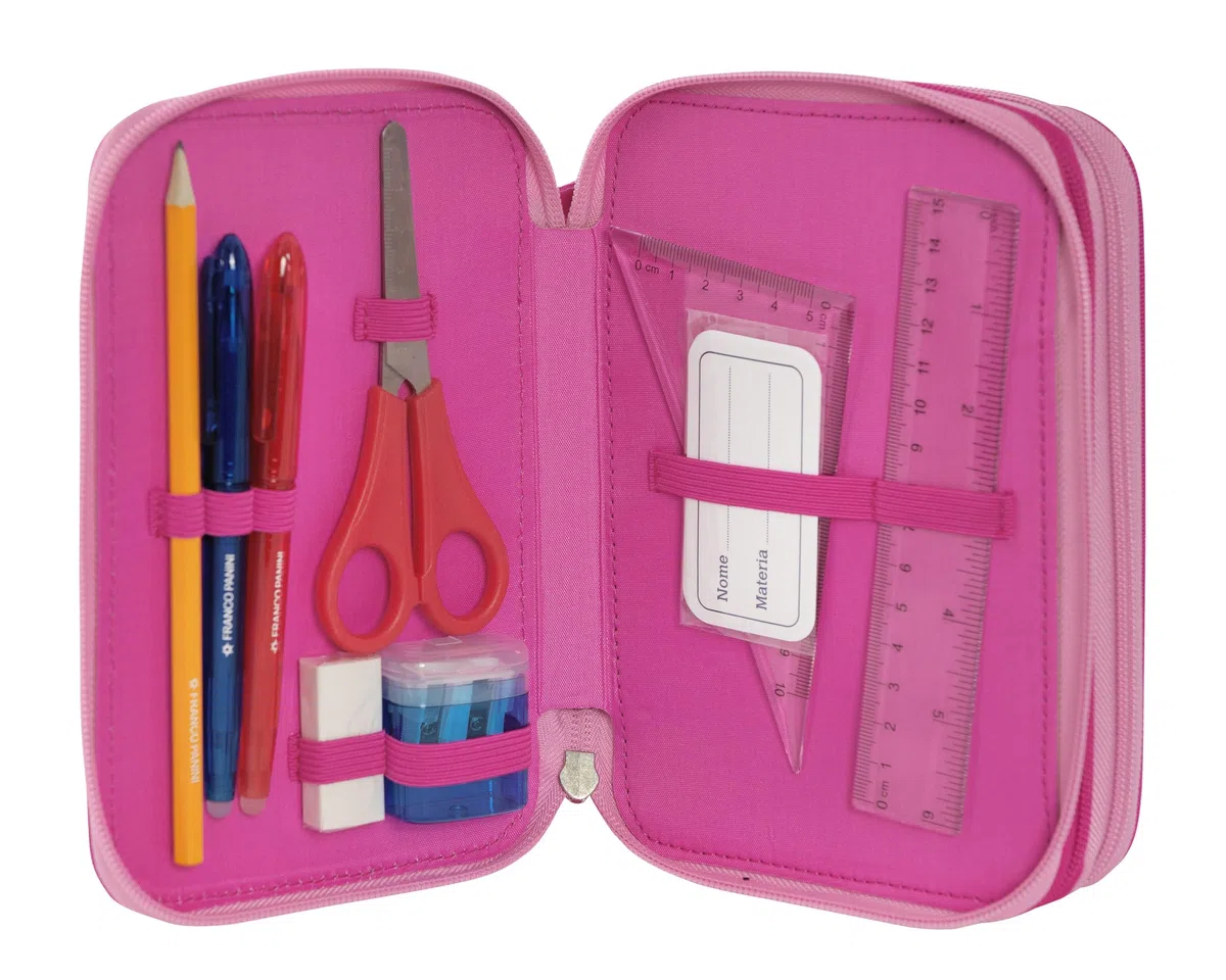 Tokidoki – Estuche escolar oficial Tokidoki, estuche con 3 compartimentos para niña y niño con juego de papelería, bolígrafo borrable azul, práctico cierre de cremallera, 20 x 13 x 7 cm, rosa,