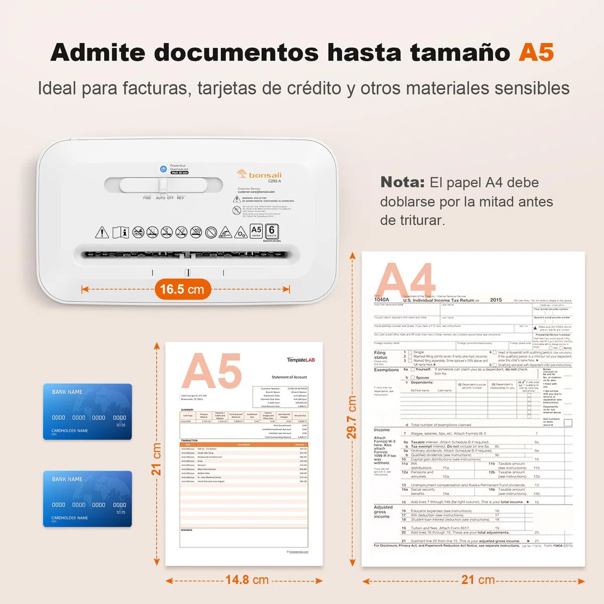 Bonsaii Trituradora de Papel, Corte Cruzado 6 Hojas (A5), Alta Seguridad P-4 con Papelera de 6L, para Papel, Tarjetas de Crédito, Clips & Grapas, C292-A