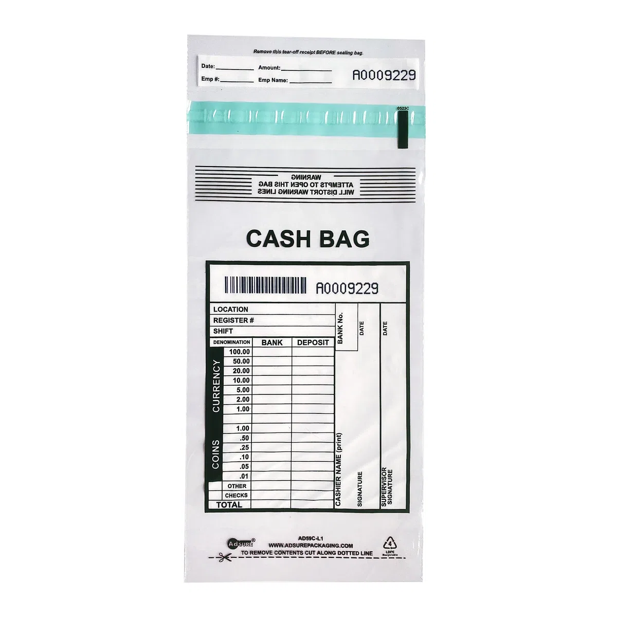 Bolsas de depósito para dinero en efectivo, paquete de 1000 unidades, 5 x 9 pulgadas, bolsa de plástico transparente a prueba de manipulaciones, panel de escritura y recibo extraíble, sobres de