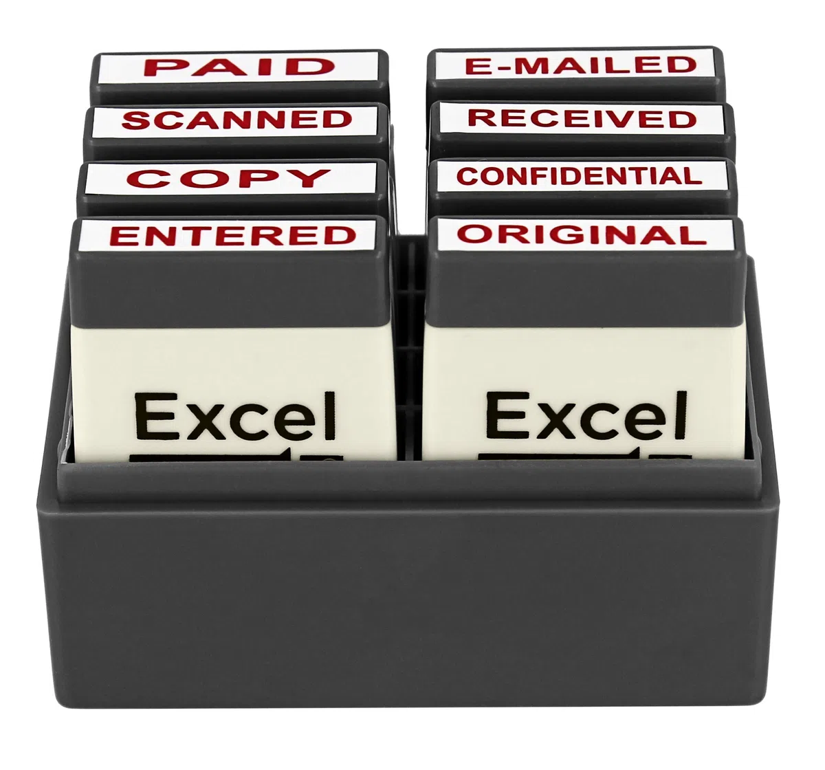 ExcelMark – Juego de sellos de goma para mensajes de oficina – tinta roja – bandeja de almacenamiento incluida