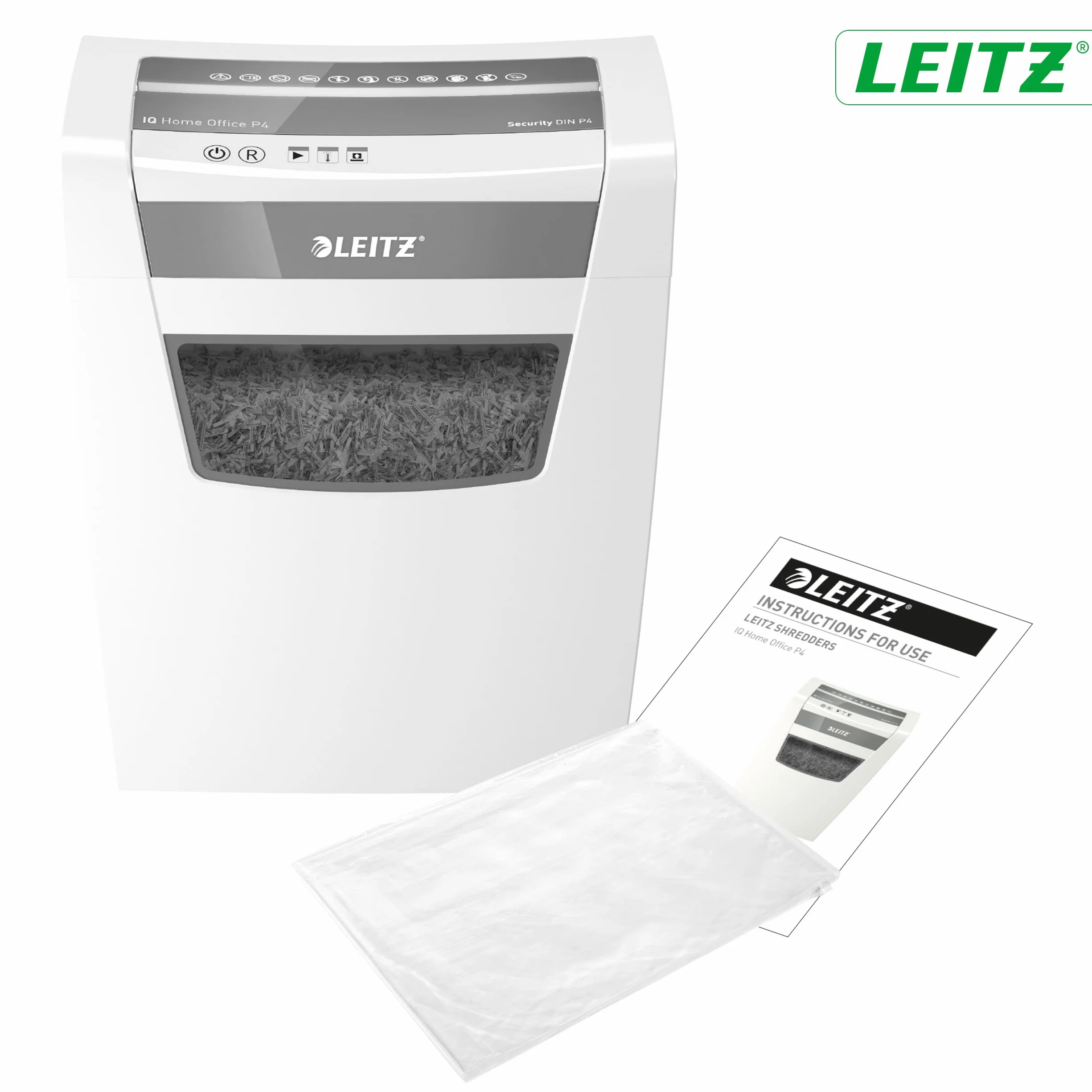 Leitz 80090000 - Destructora De Papel IQ Home Office P4 Corte Confeti, Capacidad 10-12 Hojas, Papelera 23L, Tecnología Anti Atascos, Funcionamiento Silencioso, Bloqueo De Seguridad Infantil, Blanco
