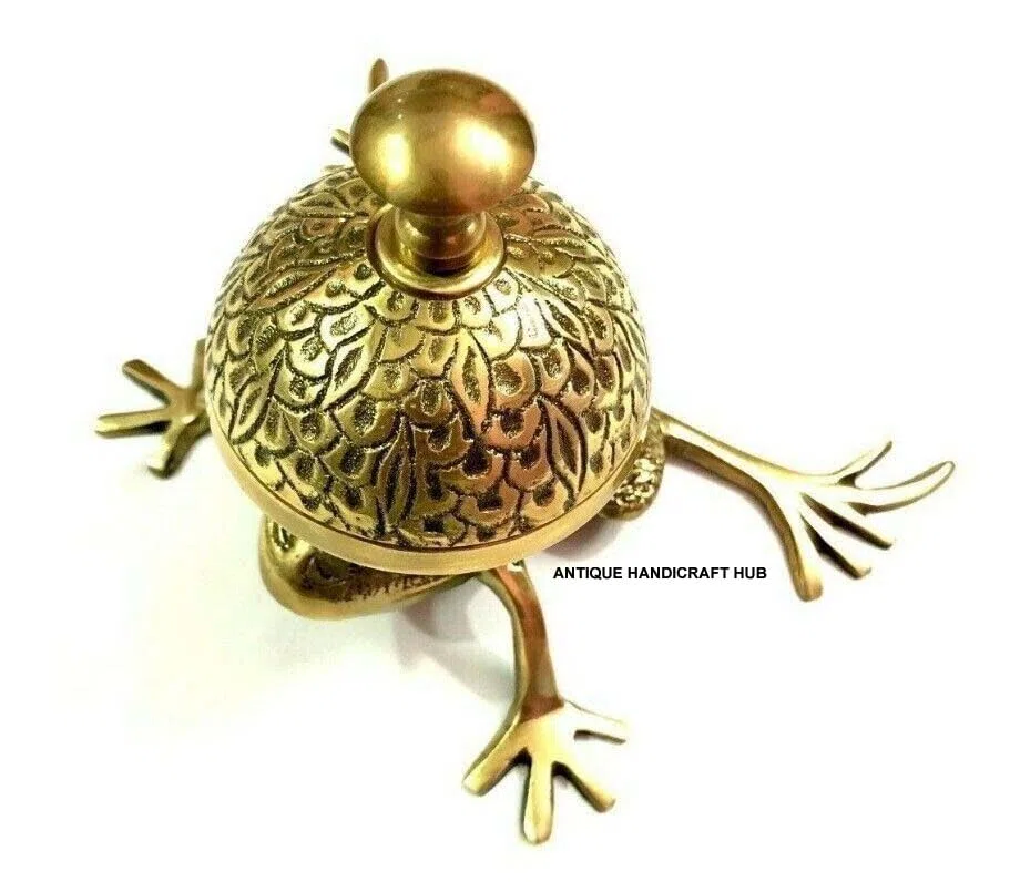 Campana de latón adornada con diseño de rana vintage para mostrador de hotel, recepción