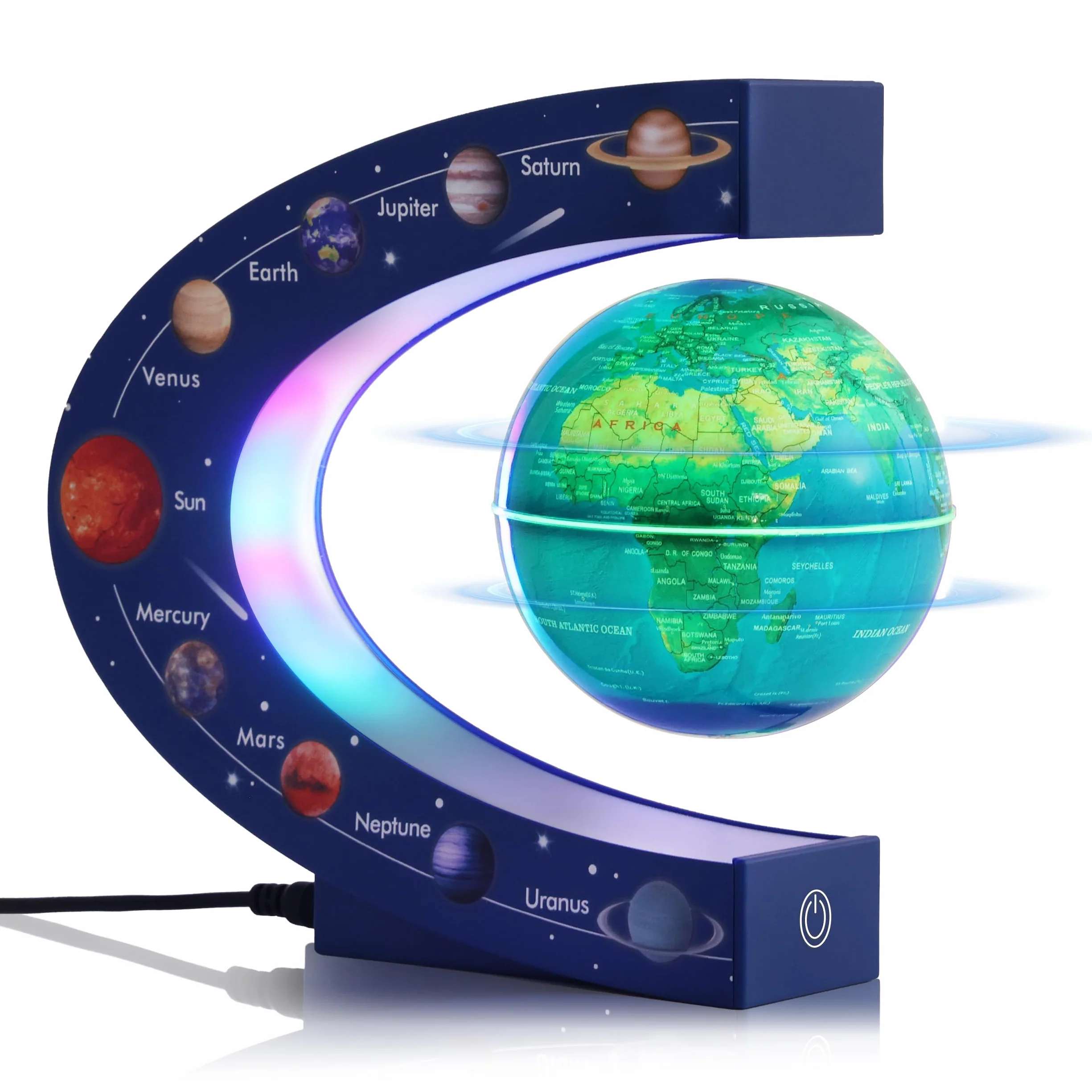 Globo terráqueo flotante de levitación magnética giratorio, 8,5 cm, con luz LED de colores, marco acrílico del sistema solar, decoración de escritorio para oficina, regalo educativo de astronomía