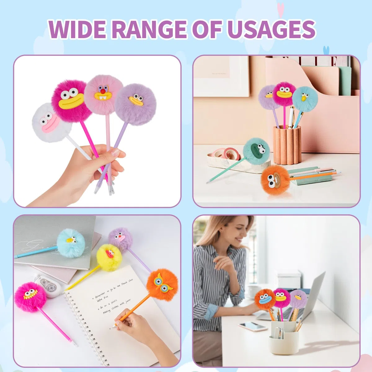 OMyFav 30 bolígrafos esponjosos con pompones lindos y divertidos bolígrafos kawaii para niños, animales de peluche coloridos para premios de aula, suministros de oficina