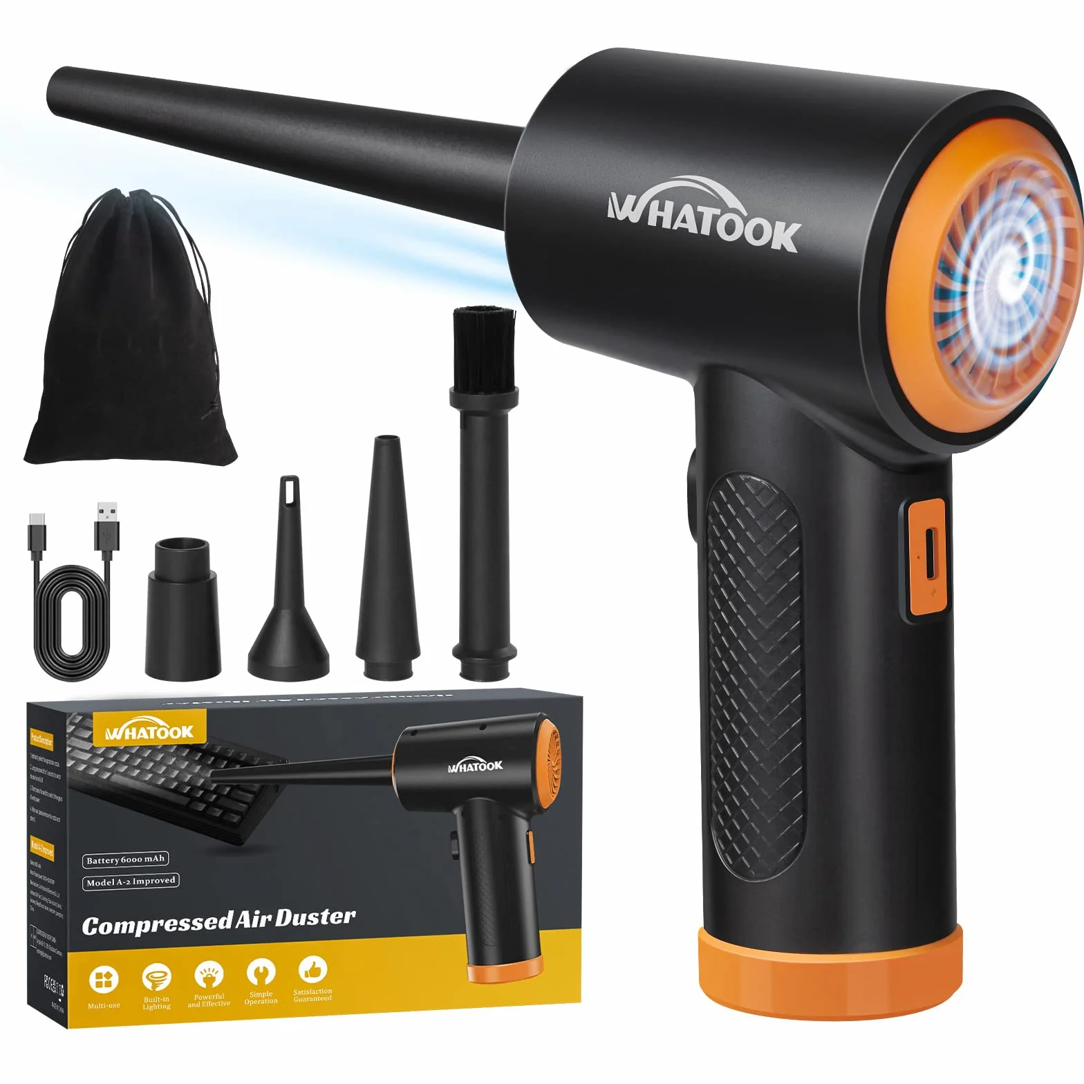 Soplador de Polvo Eléctrico，Plumero de Aire Comprimido，Potente 3 Velocidades 60000 RPM，Batería Recargable de 6000 mAh，Con Luz LED, para Ordenador, Coche, Oficina,Sofá，Sustituto de Aire Comprimido