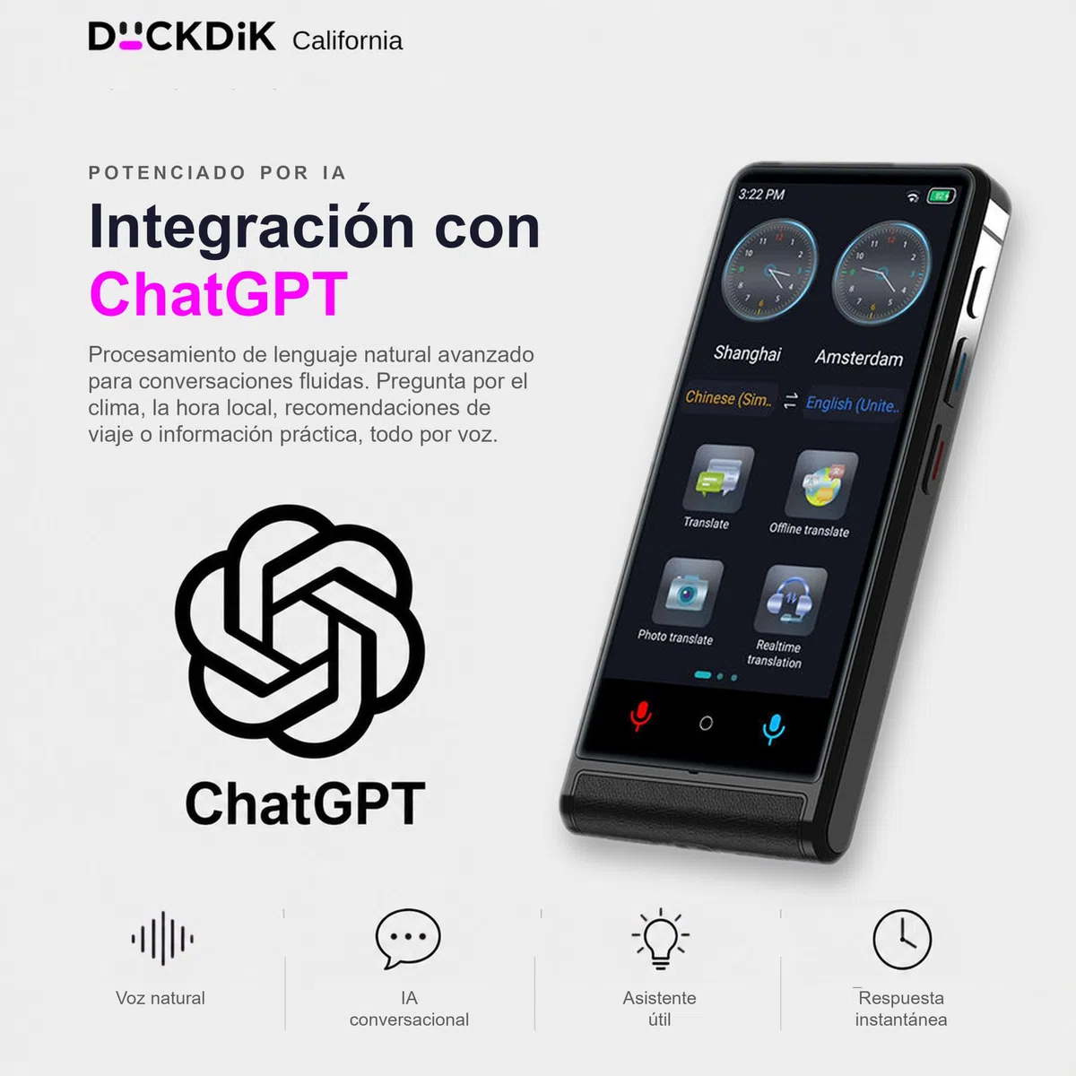 California, Traductor de Idiomas Instantáneo de Voz 2026 + App Traducción Offline Incluida de por Vida (Valor 120€/año) — 142 Idiomas Online, 22 Offline + 59 en App, Pantalla Táctil 4", IA