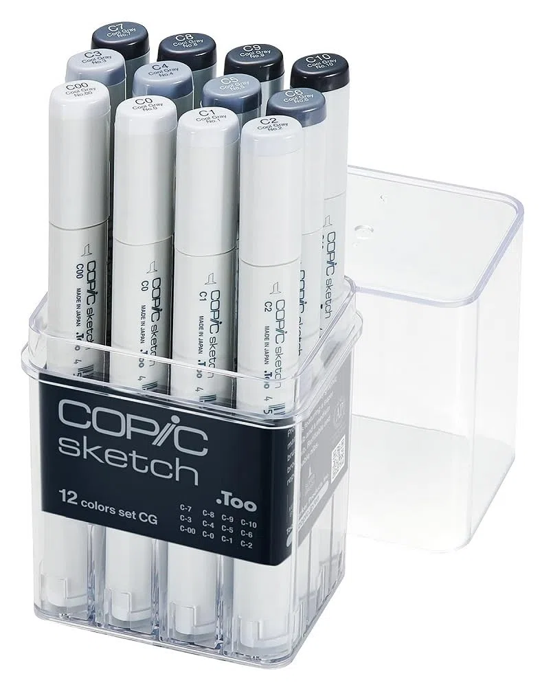 COPIC Sketch Set «12 Colors CG», Set de 12 en Expositor acrílico, Rotulador Doble con Punta Mediana y Punta de Pincel