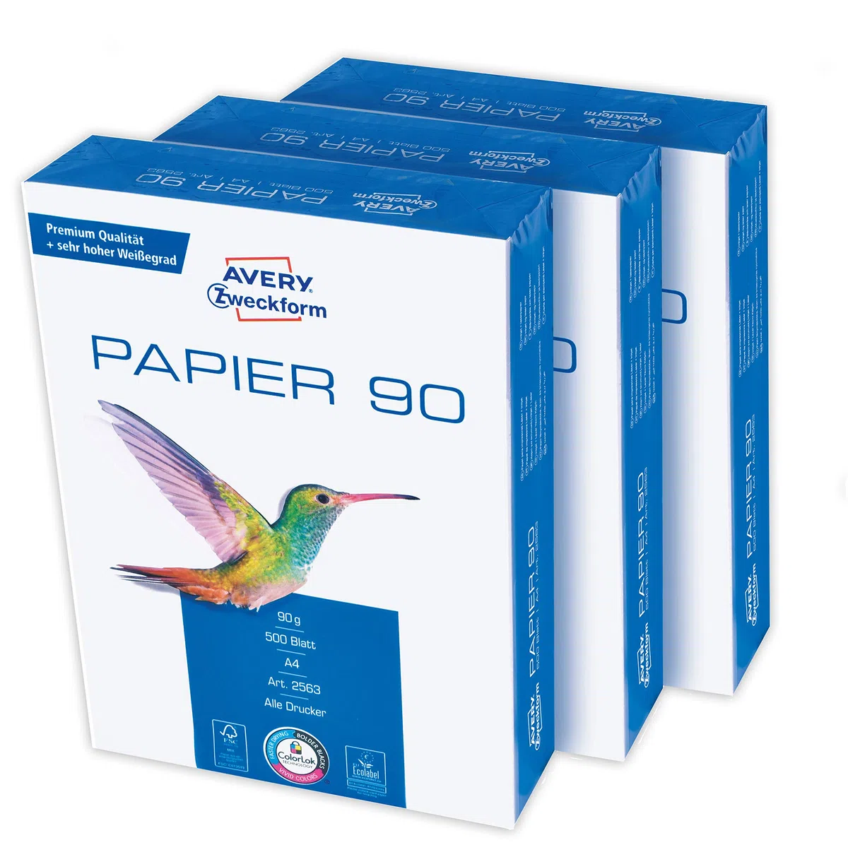 AVERY Zweckform 2563 - Papel para impresora/fotocopiadora (1500 hojas, 90 g/m², papel DIN A4, blanco brillante, para todas las impresoras), 1 caja de 3 unidades