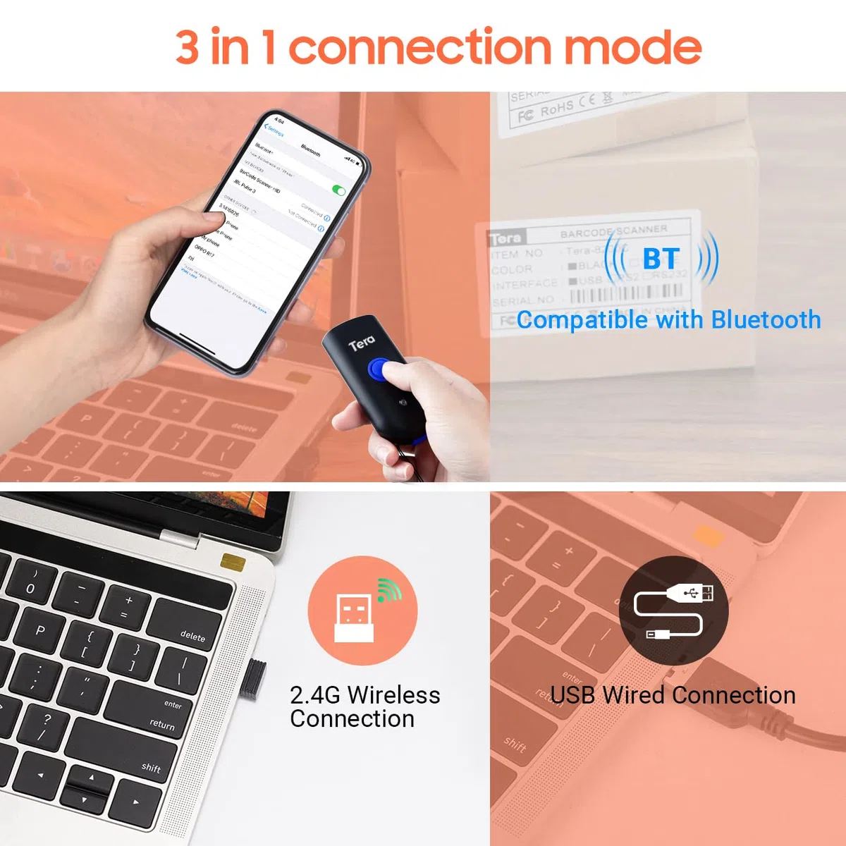 Tera 1D Láser Lector de Códigos de Barras Inalámbrico 1D Escáner de Códigos de Barras, Tres Modos de Uso, Compatible con Bluetooth, Inalmábrico a 2.4 GHz y con Cable USB 2.0,1100