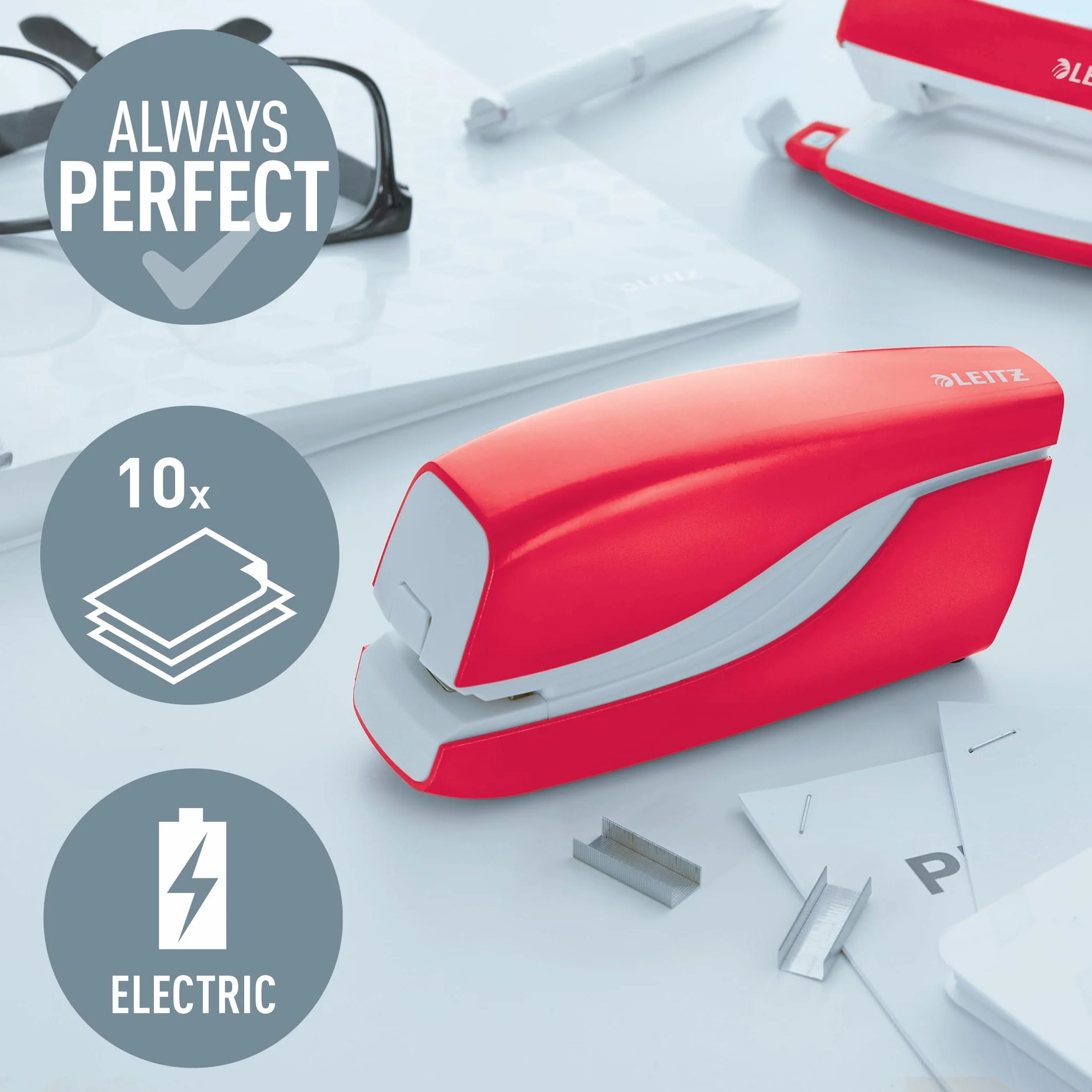 Leitz WOW Grapadora Eléctrica, Hasta 10 Hojas a la Vez, Funciona con Pilas, Rojo Metálico, Incluye 1000 Grapas E1, 55661026