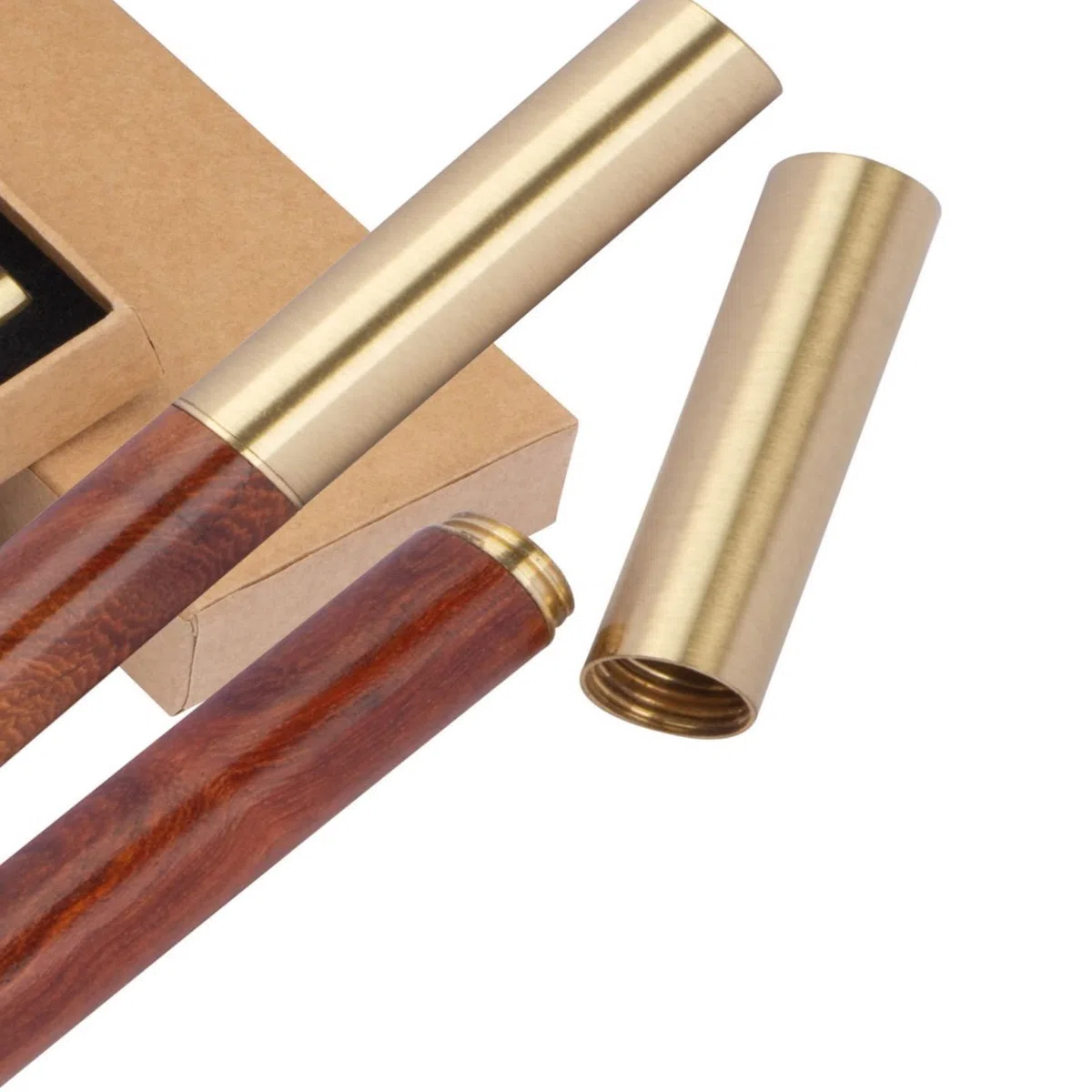 Extraordinario juego de escritura en versión mini para atornillar con bolígrafo y pluma estilográfica de latón y madera en caja de regalo