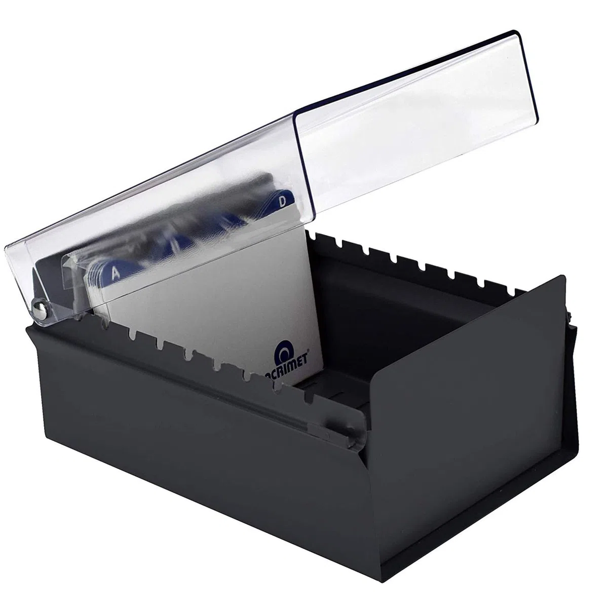 Acrimet Porta Tarjeta 4"x 6", Organizador de Fichas, Base de Metal Resistente (Incluye Índice AZ y un Divisor de Plastico) (Base Negro y Tapa de Plástico Transparente)