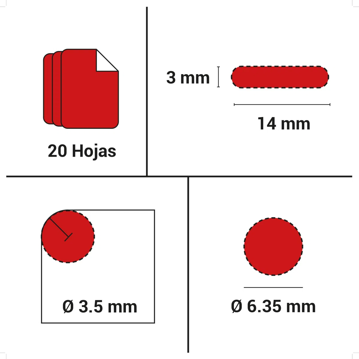 Perforadora de papel DP-03. Con diferentes troqueles. Circular de diámetro 6,35 mm, ojal de 3 x 14 mm y cantoneador de diámetro 3,50 mm. Taladradora de papel, máximo 20 hojas.