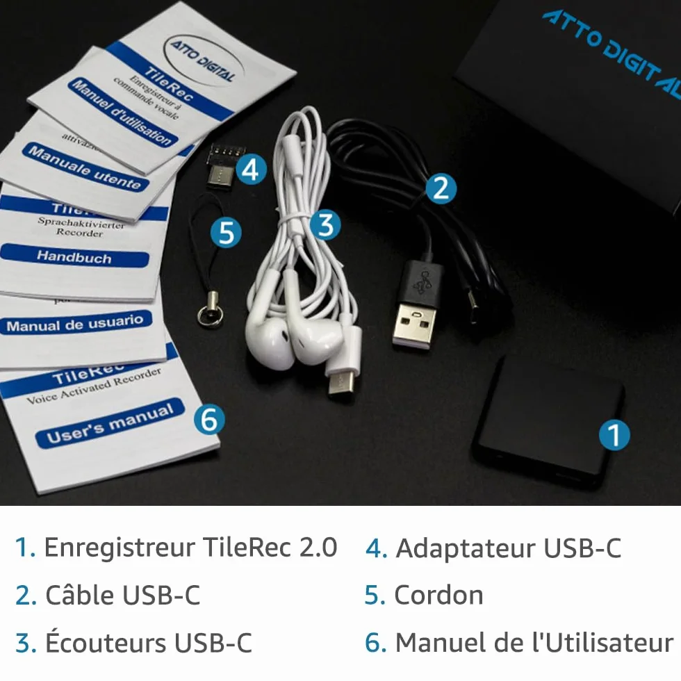 Atto Digital TileRec 64GB Mini Grabadora Activada por Voz, 1140 Horas Capacidad, 24 Horas Batería