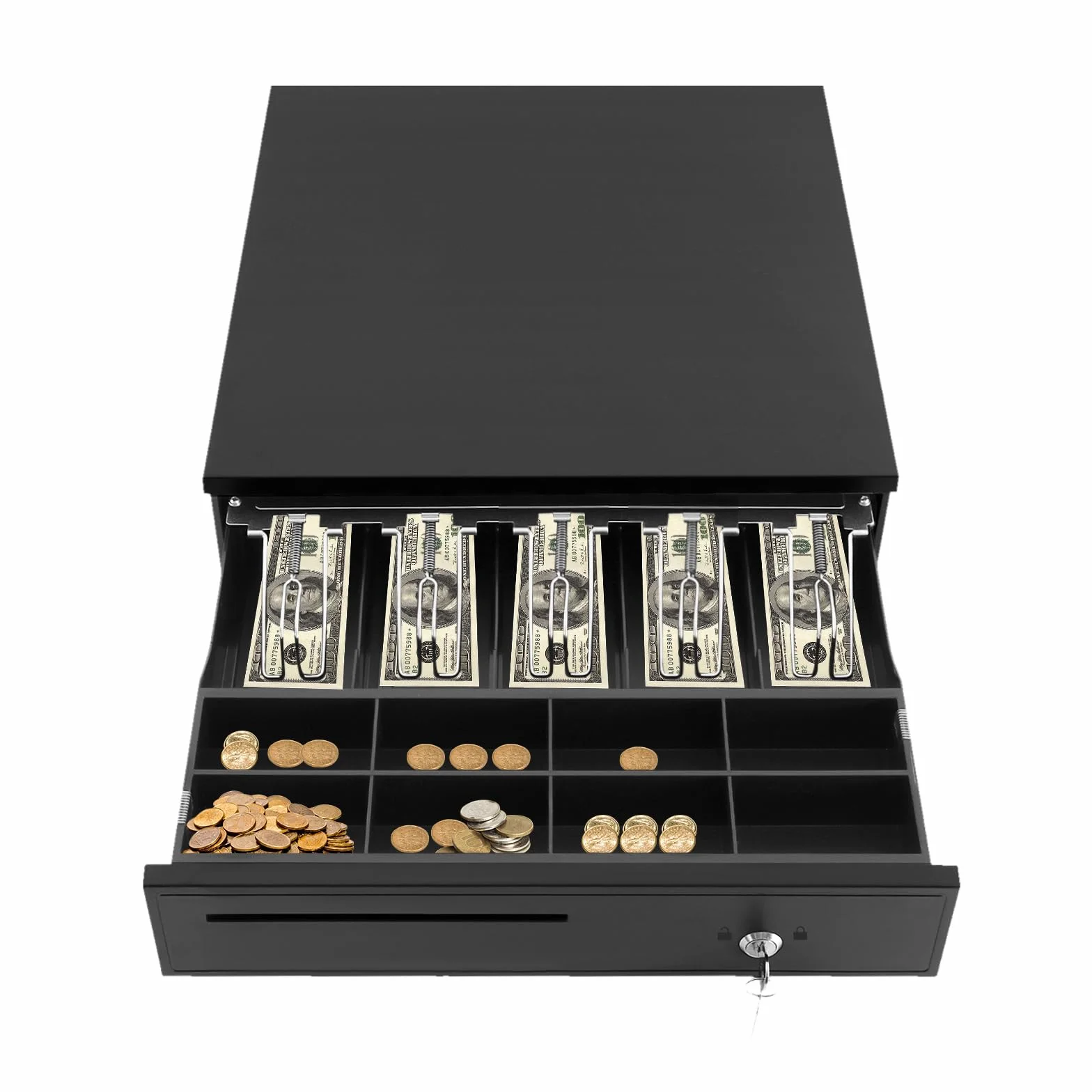 Cajón de efectivo de metal sólido con compartimentos para billetes y monedas, apertura eléctrica compatible con caja registradora para pequeñas empresas y tiendas