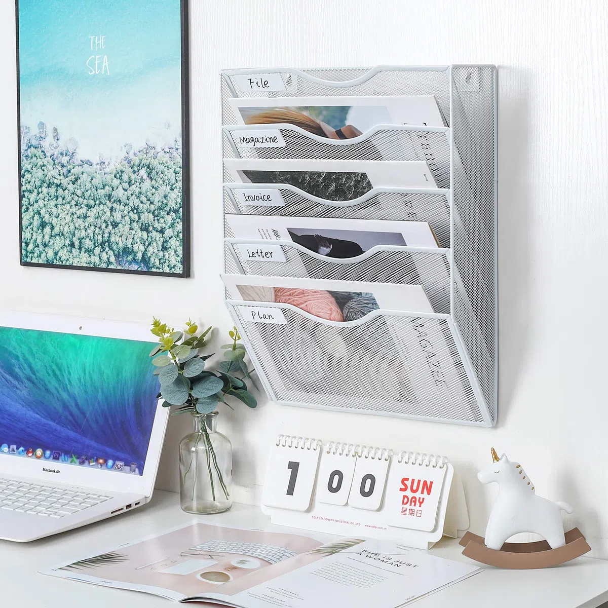 PAG Organizador de Archivos de Oficina Para Colgar en la Pared, Revistero Pared De Malla Con 5 Bolsillos , Organizador Pared Vertical Para Documentos de Oficina,Blanco