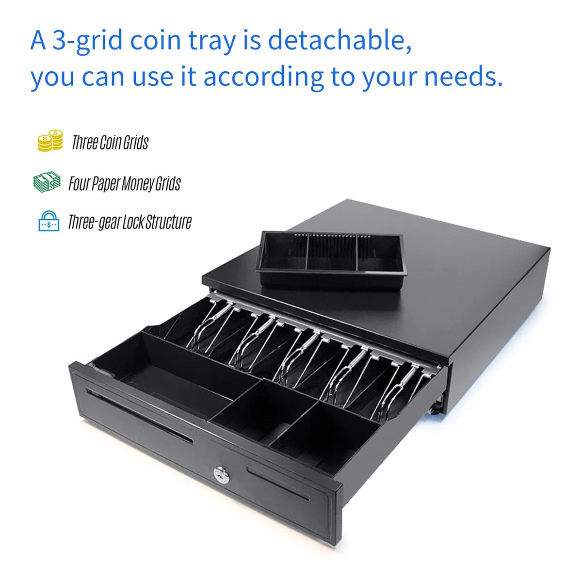 Cajón de efectivo POS con interfaz RJ11 5 bandejas para billetes y 5 monedas - Caja registradora con cerradura compatible con impresoras de recibos - Construcción de acero