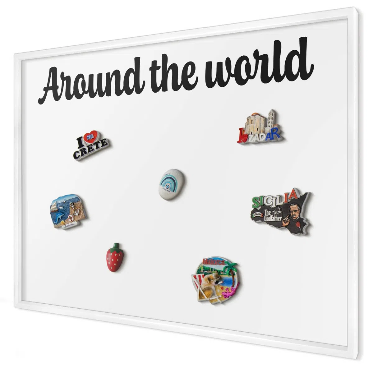 Panel Magnético 100x70 cm | con Marco Blanco | Around The World | Montaje Fácil | Organizador de Pared | Para Recuerdos de Vacaciones | Expositor de Imanes de Nevera y Postales | Para Cocina