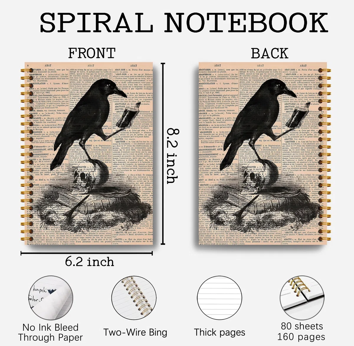 Guymn Cuaderno gótico de cuervo de calavera – Diario gótico, diario genial, cuaderno de bruja, material de bruja, suministros de oficina góticos, cuaderno de Halloween, cuaderno de espiral de 5.5 x