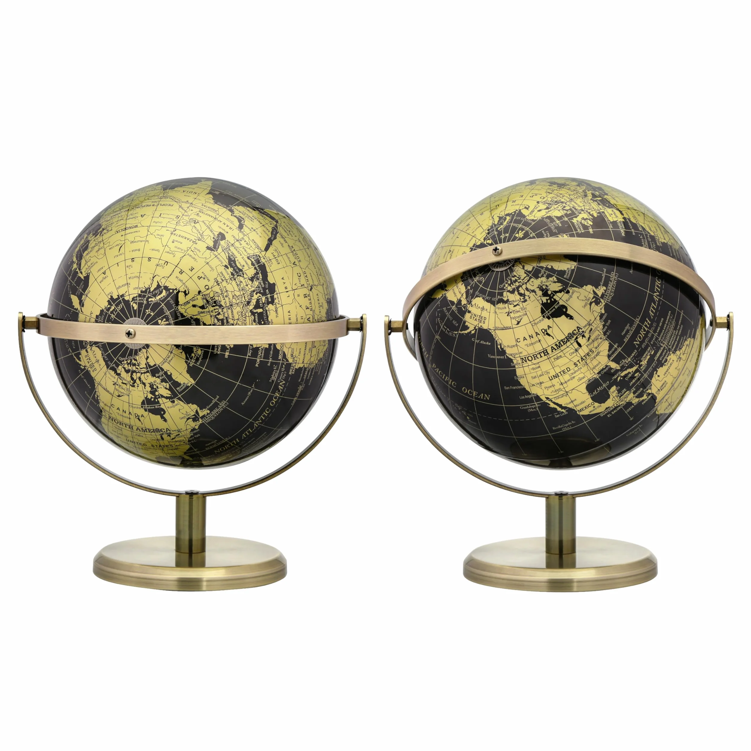 EXERZ Globo de 20 cm, color negro y dorado, rotación de 360 grados en todas las direcciones, World Globe Educational Geographic, arco y base de bronce, mapa inglés.