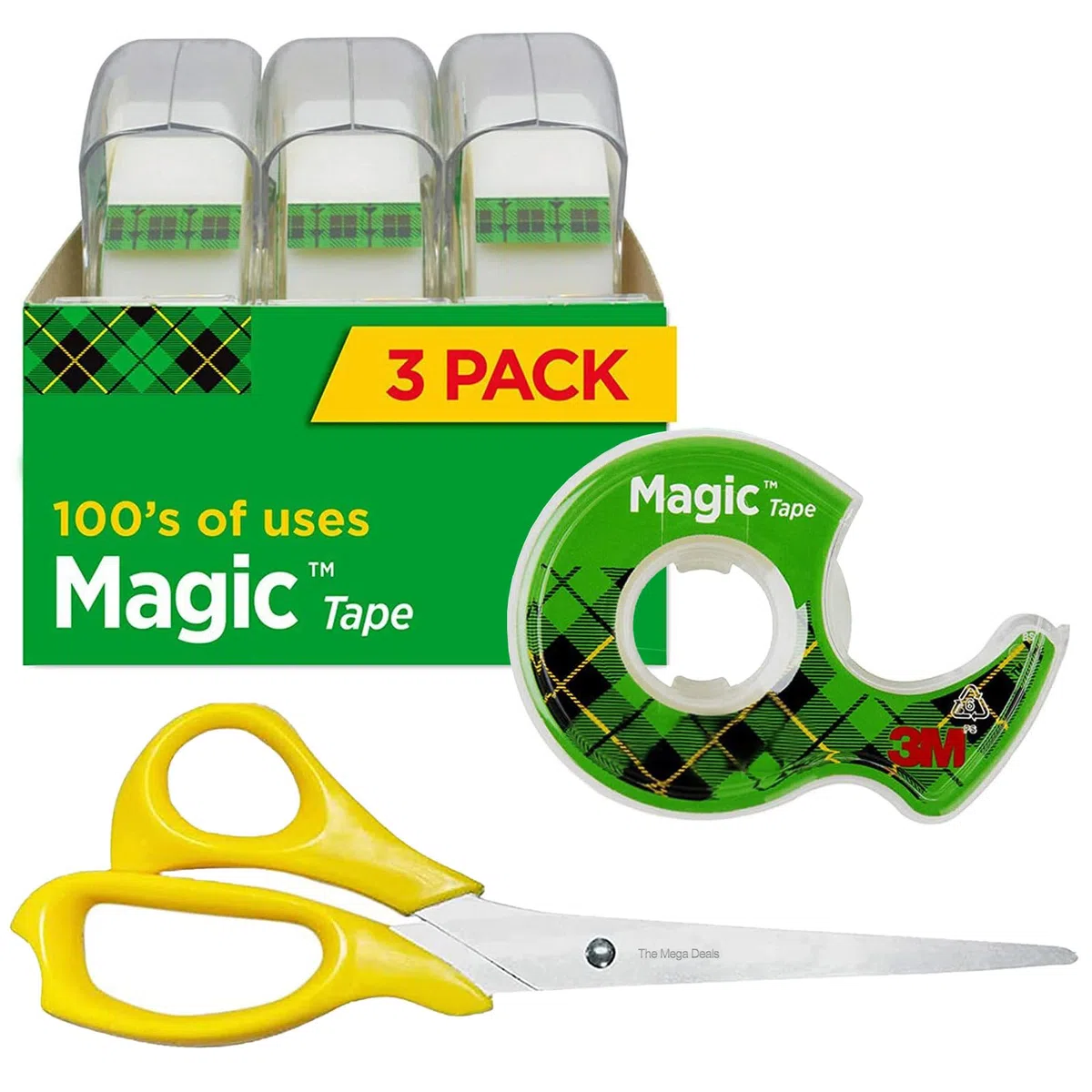 Scotch Magic Tape, 3 rollos de cinta adhesiva con dispensador de cinta, cinta invisible, cinta transparente, rollos de cinta adhesiva de 1/2 x 450 pulgadas + tijeras multiusos