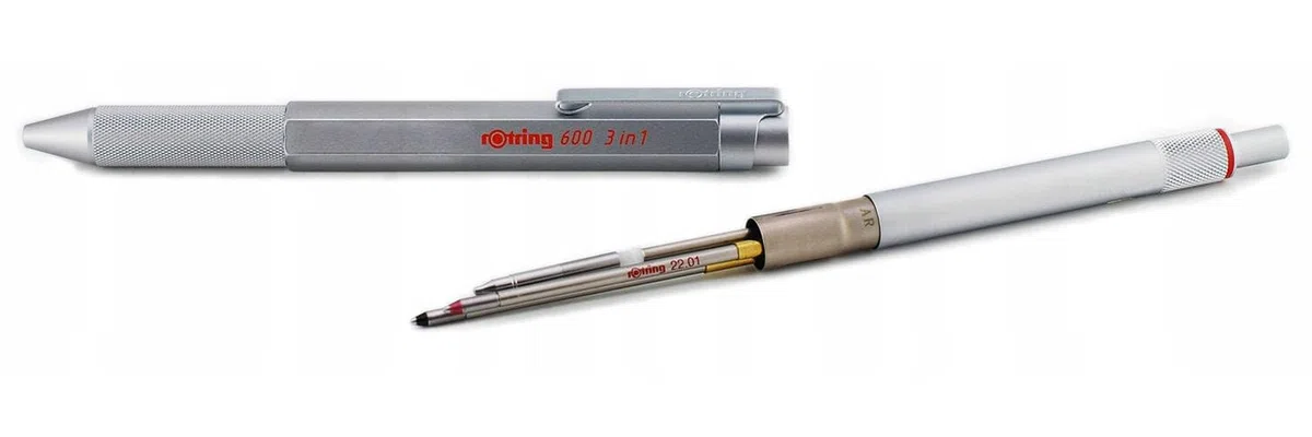 rOtring 600 bolígrafos y portaminas multicolor 3 en 1 | Puntas de bolígrafo negras y rojas | 1 punta de lápiz (0,5 mm) | Estuche de terciopelo