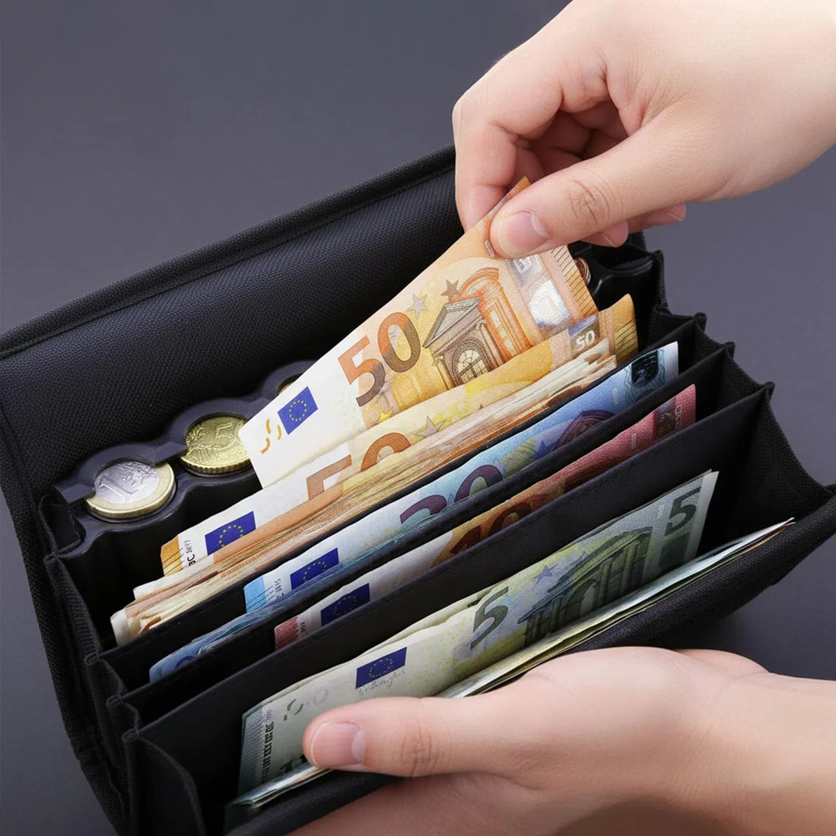 Riñonera de camarero con clasificador de monedas de euro de 8 tubos, con solapa y cinturón ajustable, ideal para conductores de autobús, repartidores, taxistas, transportistas, hostelería y ventas
