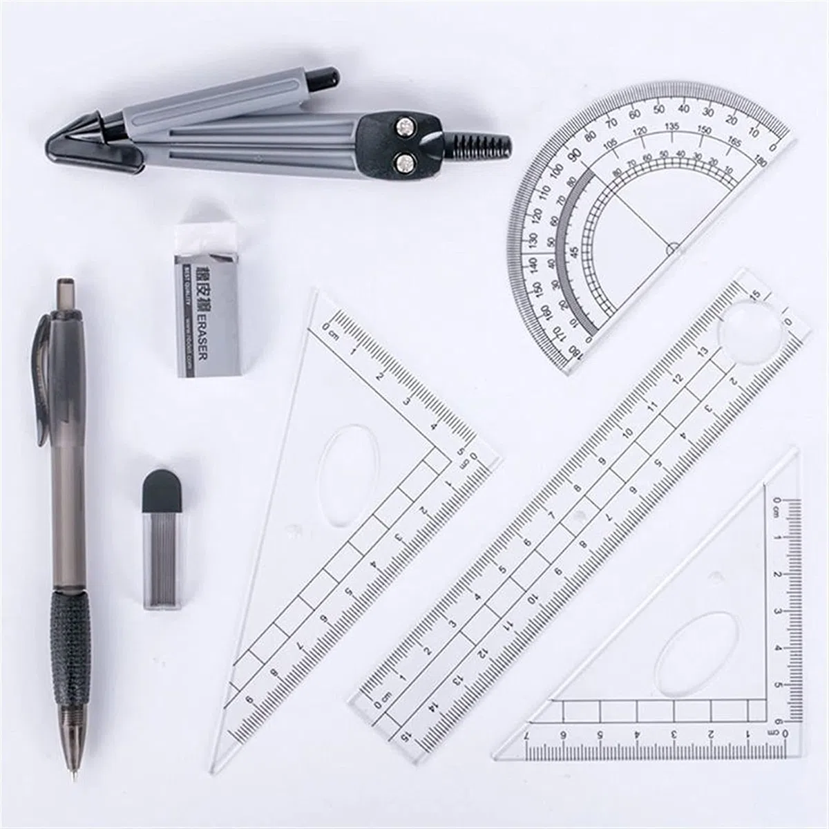 AKAZI Juego de geometría Brújula para geometría Transportador de geometría de precisión portátil Brújula de Dibujo Regla Lápiz Esencial Kit de Herramientas de Estudio de matemáticas Juego de brújula