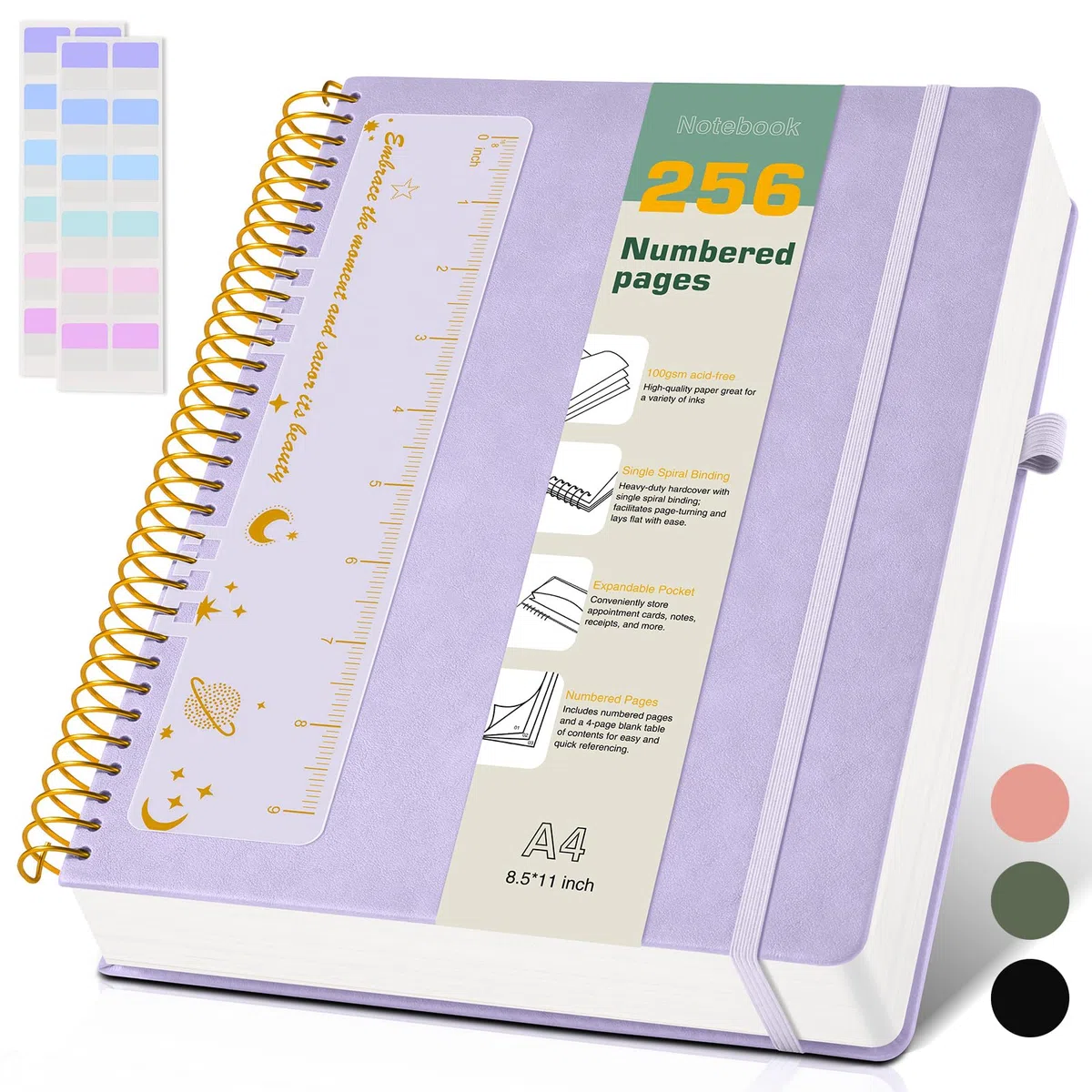 Cuaderno en espiral A4 de 8.5 x 11 pulgadas, 256 páginas numeradas de tapa dura, diarios de cuero para mujeres y hombres, cuadernos grandes rayados universitarios, papel grueso de 100 g/m², diario