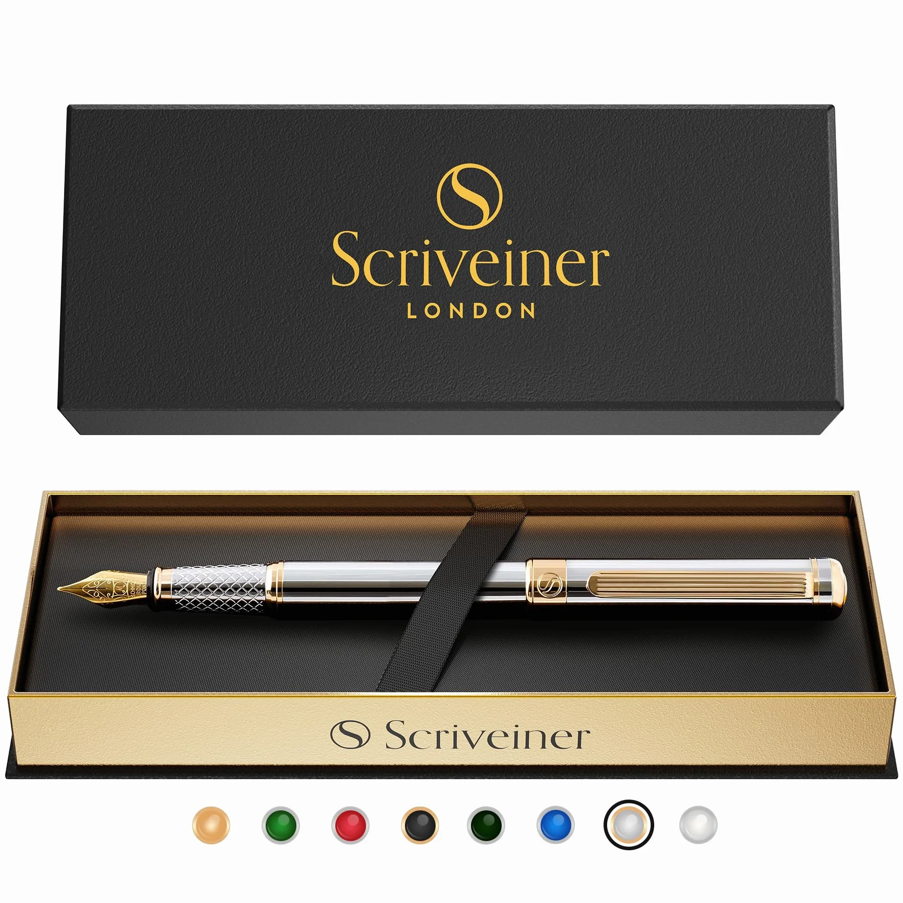 Scriveiner Pluma Estilográfica Plateada con Detalles de Chapado en oro auténtico, Plumilla y Convertidor Instalado Schmidt, Incluye Dos Cartuchos de Tinta, Azul y Negro